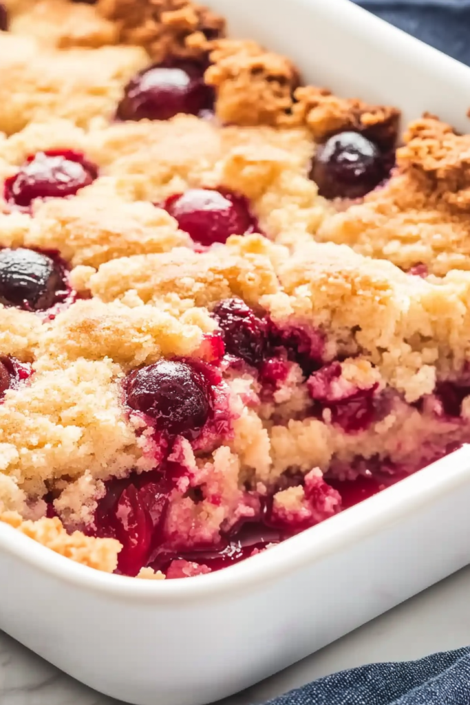 Close-up of a crumbly cake topping with juicy fruit filling peeking through.
