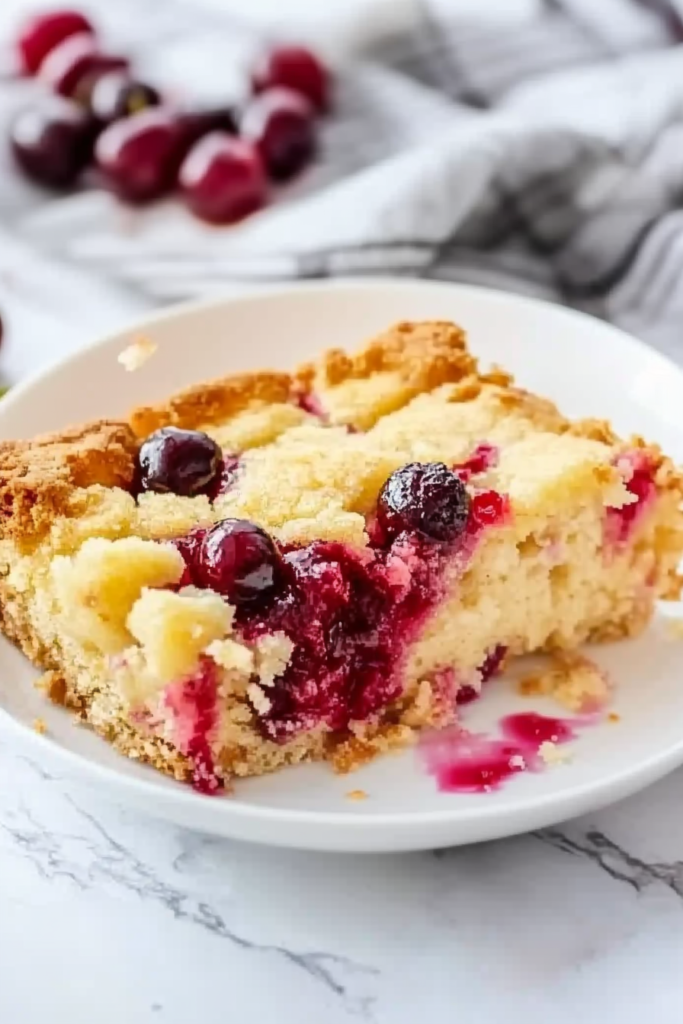 Slice of warm cobbler-style cake on a plate, highlighting the moist fruit center.
