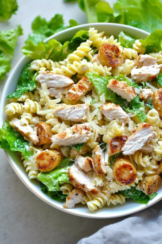 Hearty pasta and chicken salad tossed with lettuce and parmesan