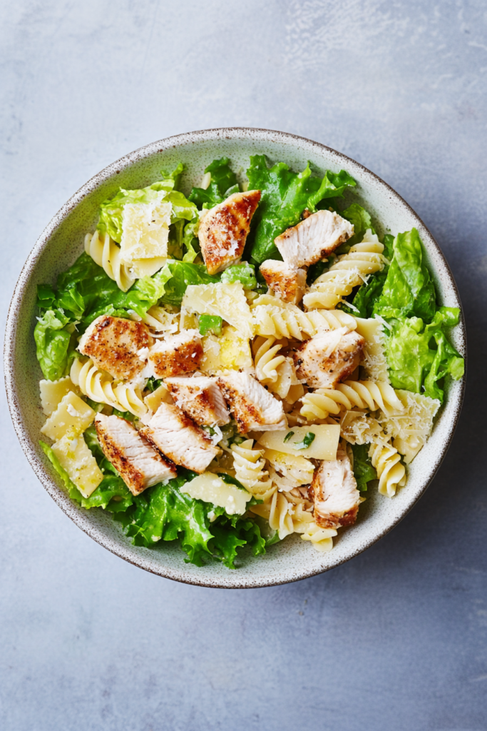 Fresh salad with tender chicken pieces, pasta, and crispy bread cubes