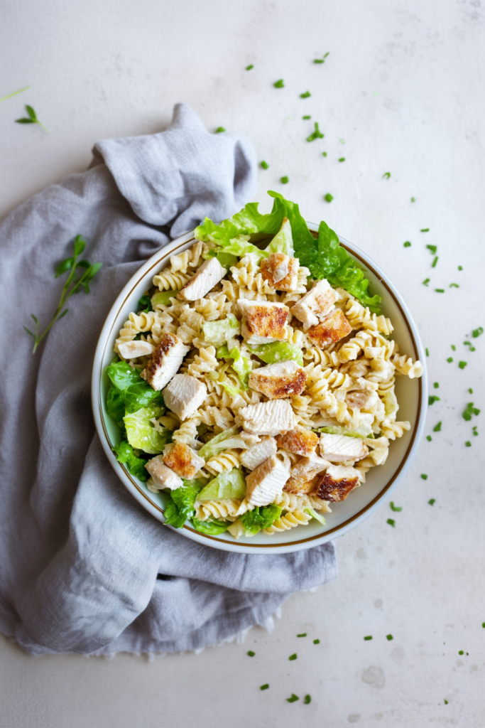 Creamy pasta salad with grilled chicken, romaine lettuce, and crunchy croutons