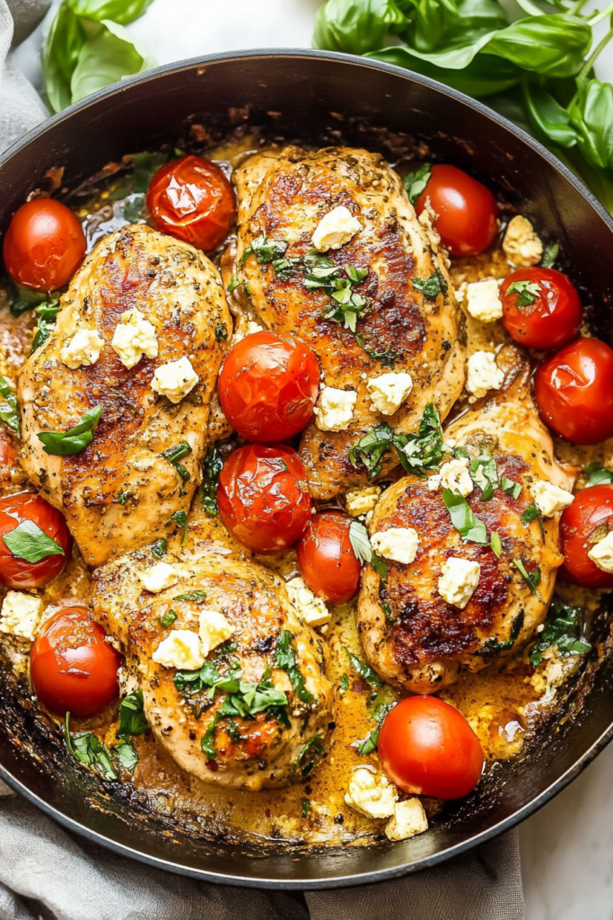 Golden roasted chicken nestled among blistered cherry tomatoes, topped with crumbled feta and fresh herbs.