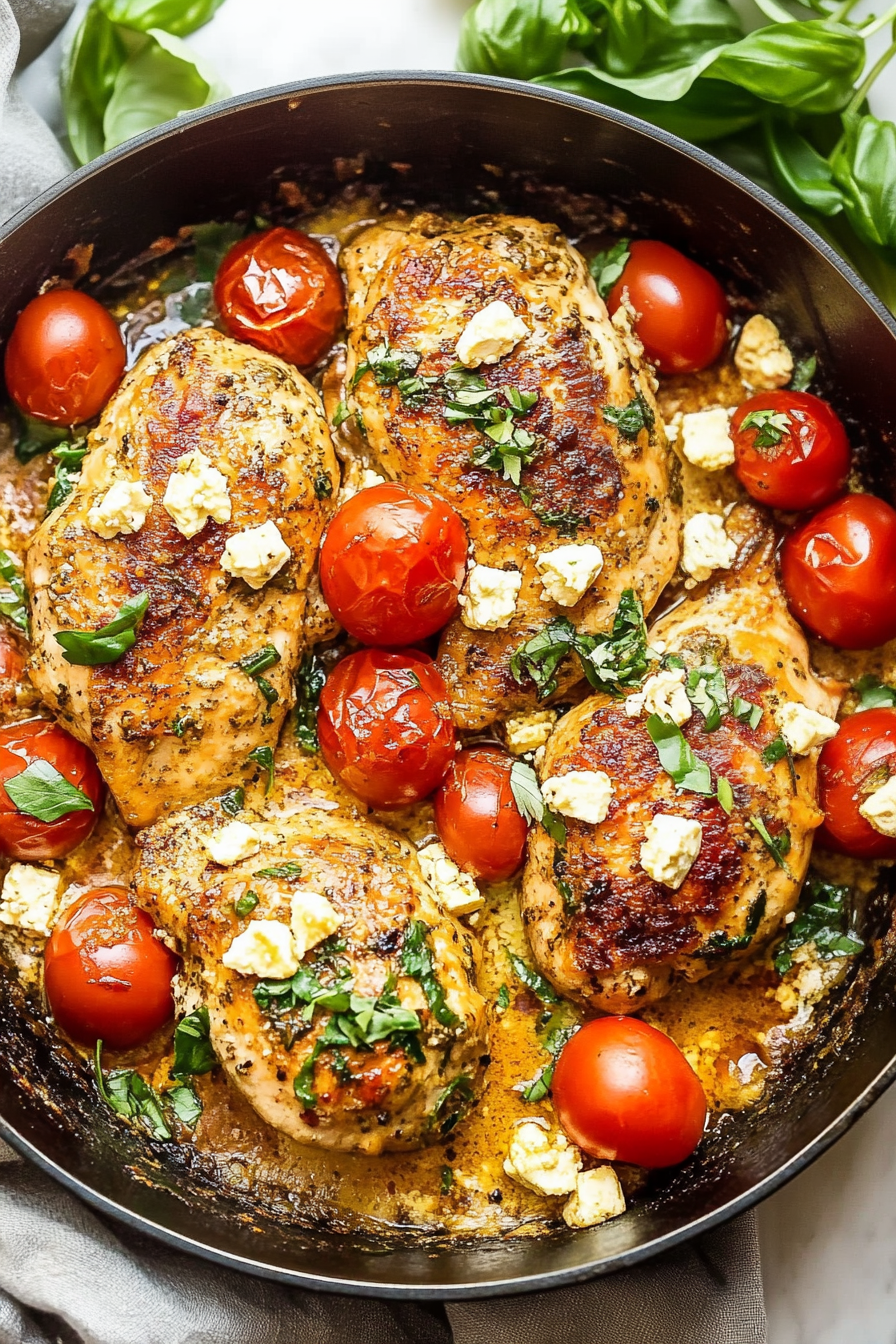 Golden roasted chicken nestled among blistered cherry tomatoes, topped with crumbled feta and fresh herbs.