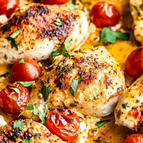 Pan of oven-baked chicken with a colorful mix of tomatoes and feta, glistening in a flavorful broth.