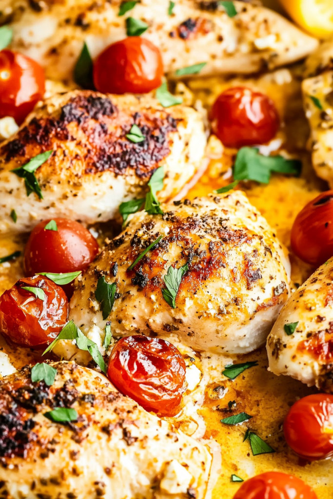 Pan of oven-baked chicken with a colorful mix of tomatoes and feta, glistening in a flavorful broth.