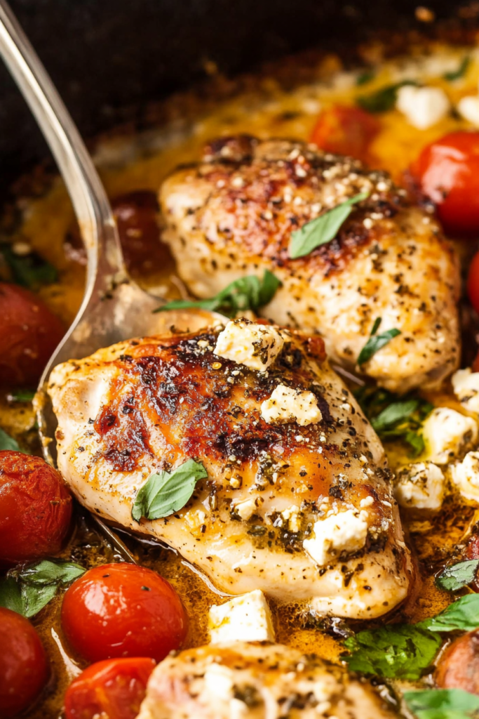 Hearty baked dish featuring tender chicken, roasted tomatoes, and creamy feta, finished with fresh herbs.