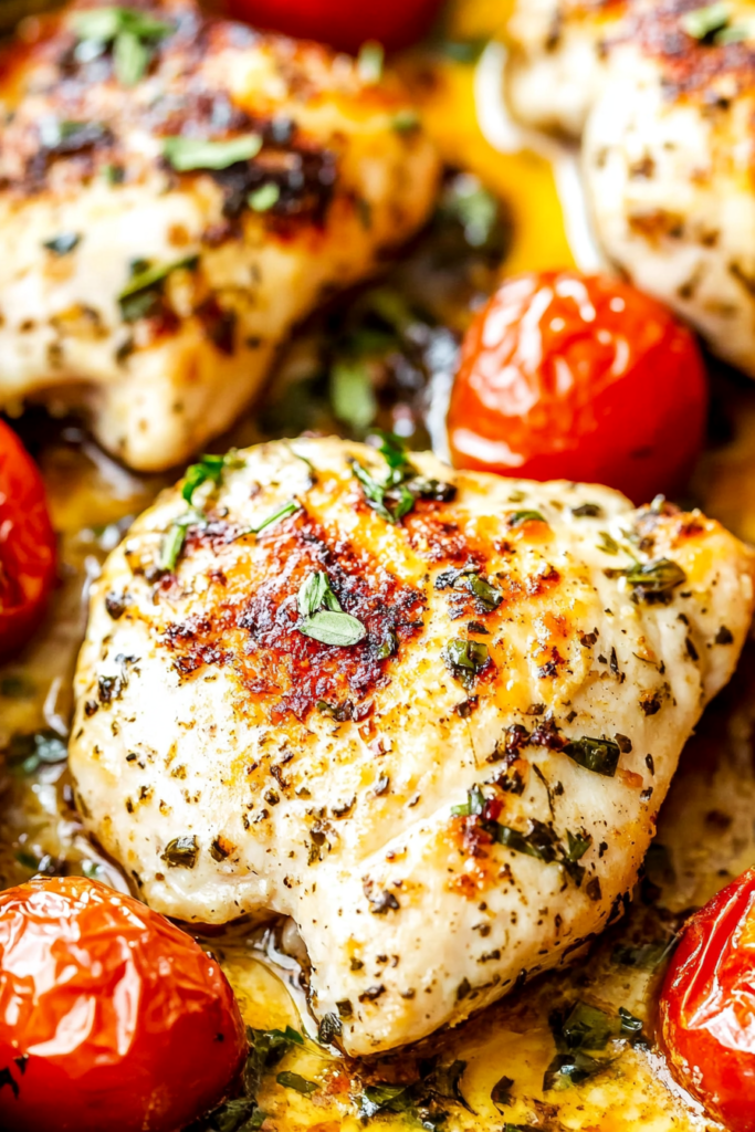 Savory chicken with a crisp, golden exterior, resting in a rich tomato sauce with feta scattered on top.