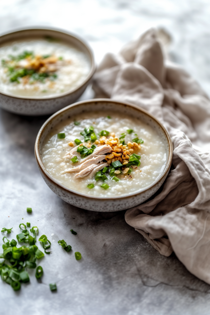 Bowl of creamy rice porridge topped with shredded chicken, green onions, and crispy garlic bits.