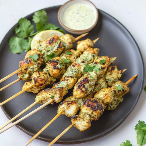Grilled chicken bites on skewers paired with a creamy herb dip