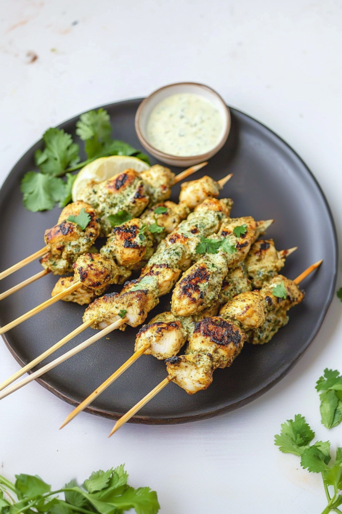 Grilled chicken bites on skewers paired with a creamy herb dip