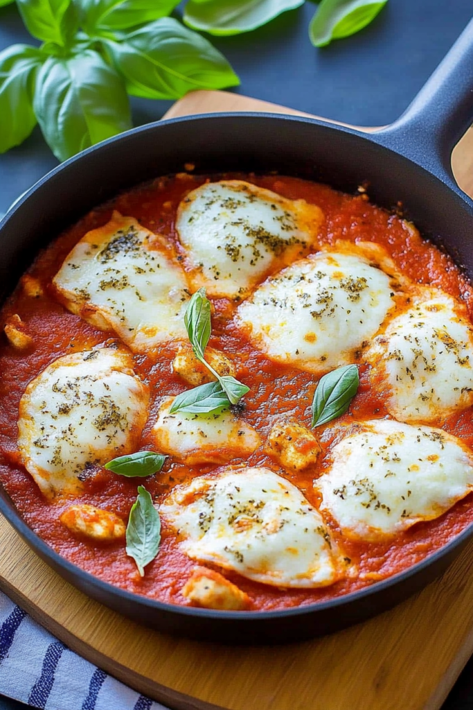 Skillet of ravioli-style pasta coated in tomato sauce, melted cheese, and fresh basil leaves.