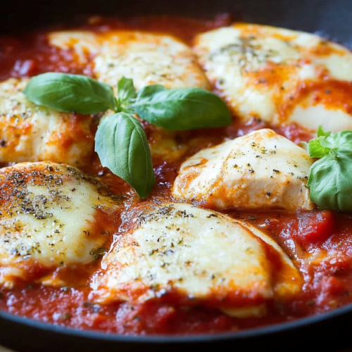 Final presentation of pasta in a skillet, layered with sauce, cheese, and basil for a hearty look.