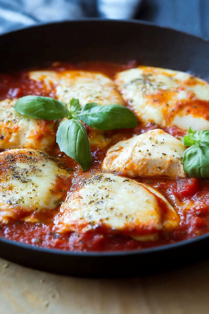 Final presentation of pasta in a skillet, layered with sauce, cheese, and basil for a hearty look.