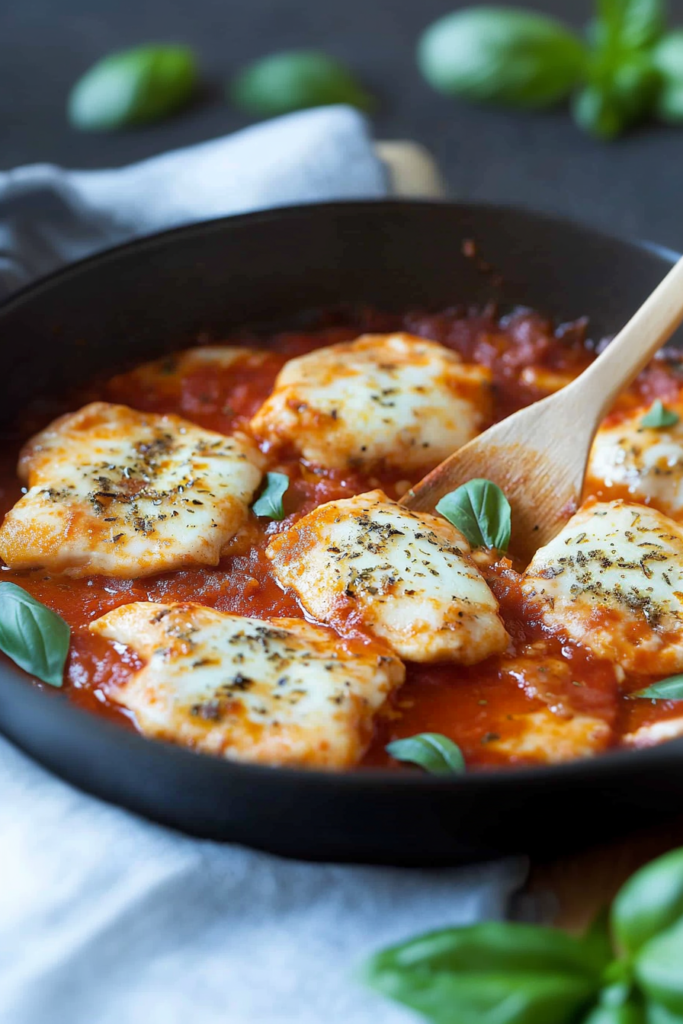 Rustic pan filled with saucy pasta, garnished with basil for a vibrant finish.