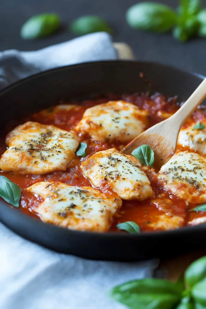 Rustic pan filled with saucy pasta, garnished with basil for a vibrant finish.