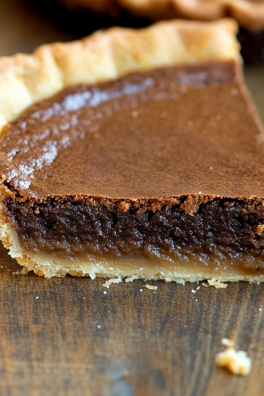 Close-up of smooth chocolate pie filling topped with a golden crust edge.
