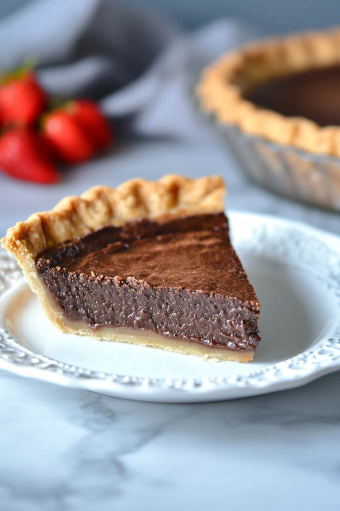 Freshly baked pie slice plated elegantly, with strawberries in the background for contrast.