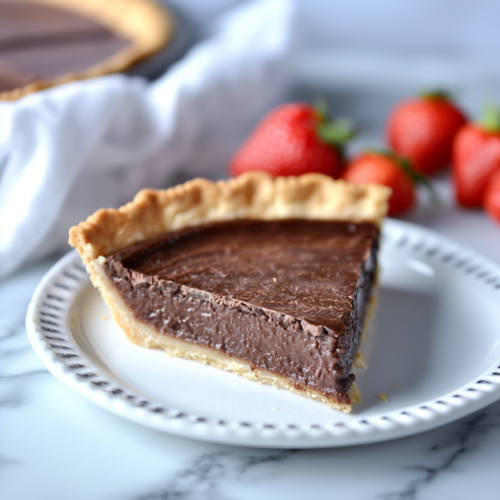Chocolate pie portion highlighting its thick, custard-like texture and crisp crust.