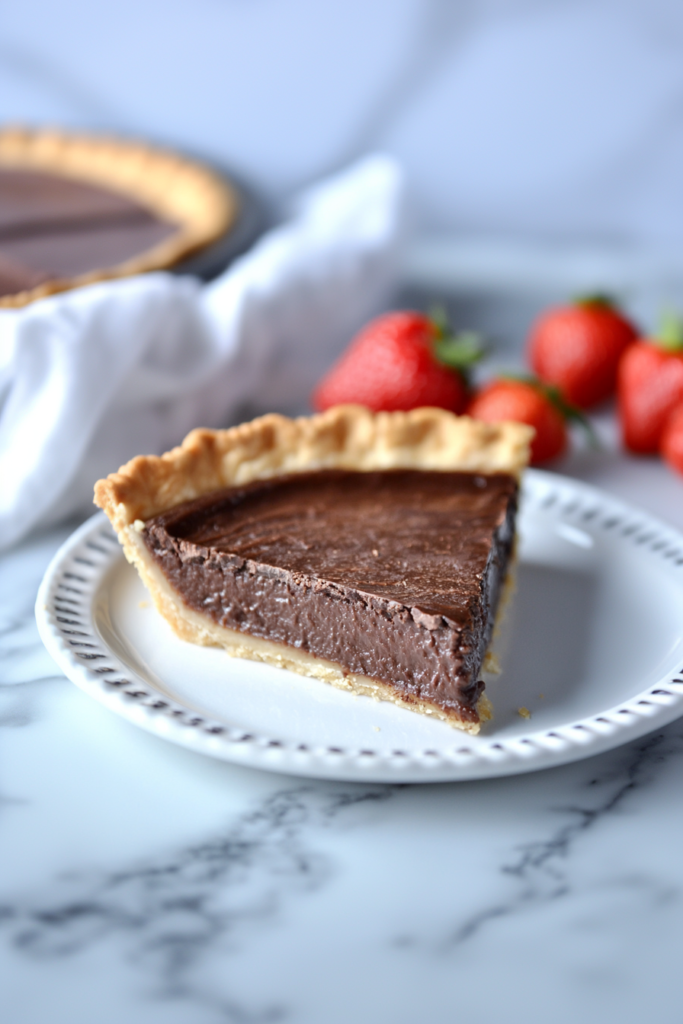 Chocolate pie portion highlighting its thick, custard-like texture and crisp crust.