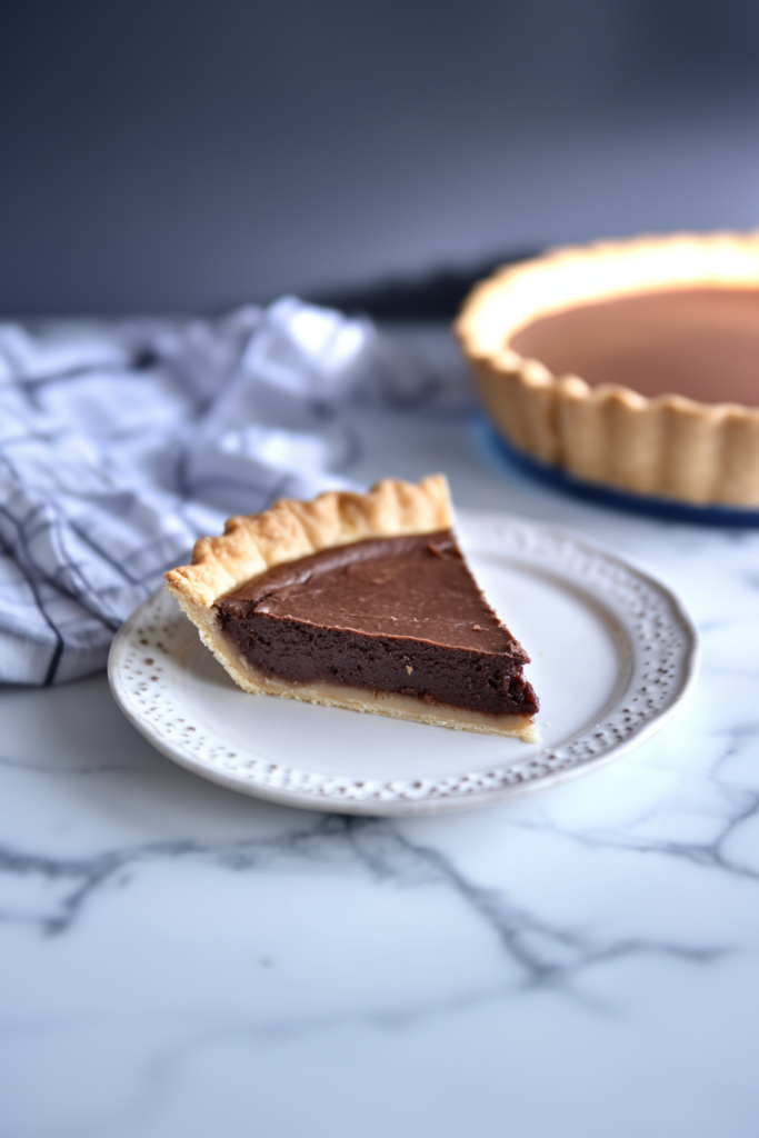 Slice of rich chocolate pie on a white plate, with a flaky crust and creamy filling.