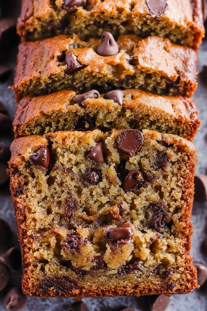 Thick slices of homemade banana loaf with golden edges and chocolate bits