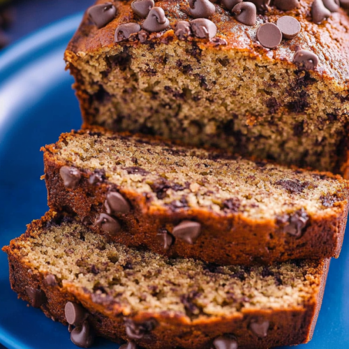 Soft and dense quick bread loaded with chocolate chips and a caramelized crust