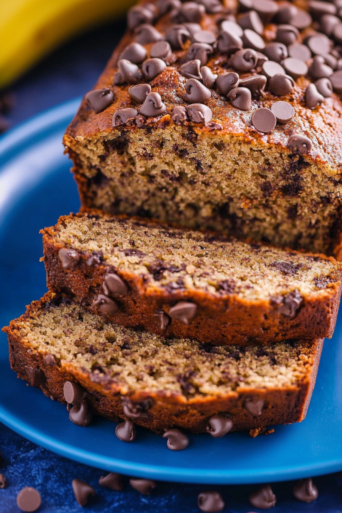 Soft and dense quick bread loaded with chocolate chips and a caramelized crust