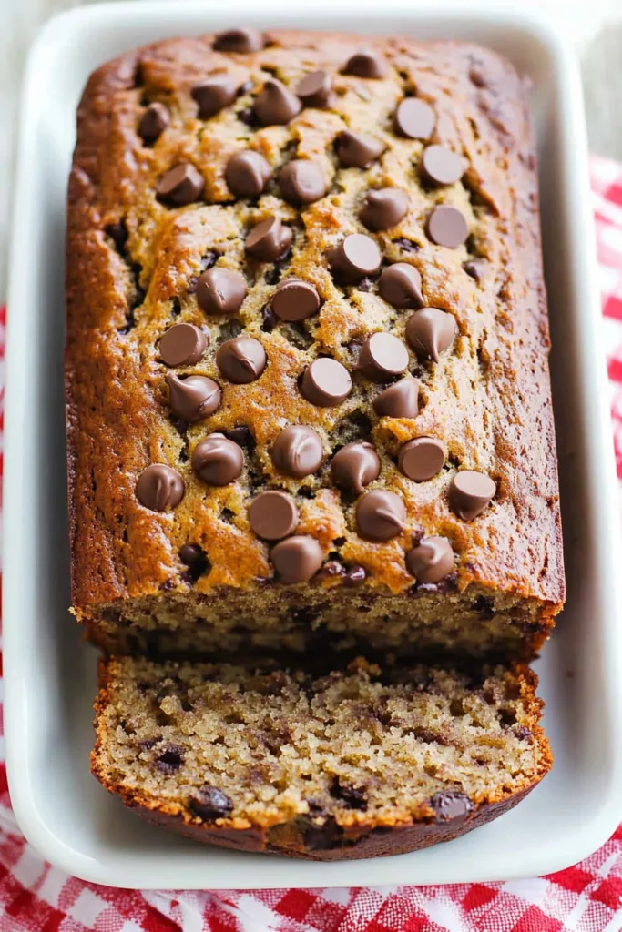 Freshly baked sweet bread with a tender crumb and rich chocolate chunks