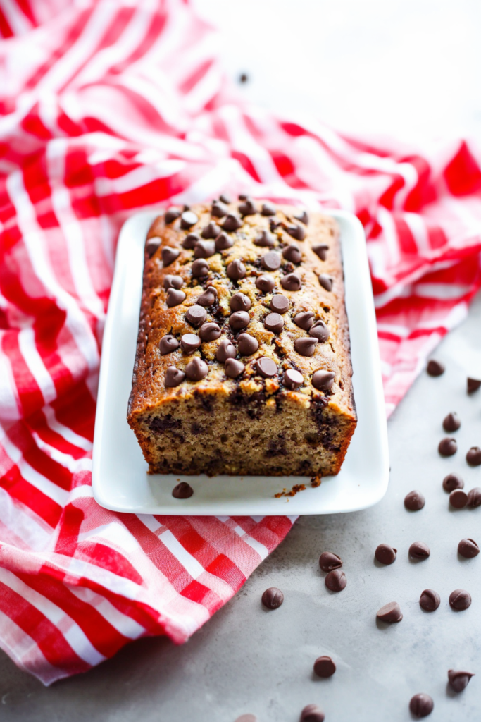 Moist banana bread slices packed with melted chocolate chips