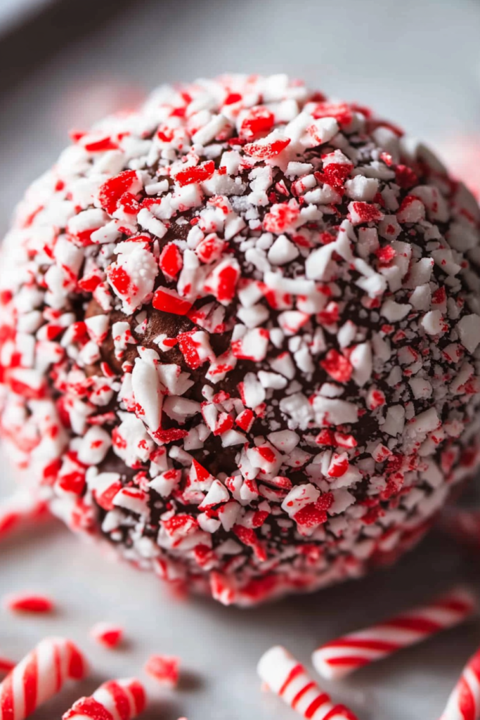 Close-up of holiday dessert with red and white peppermint bits covering rich chocolate.