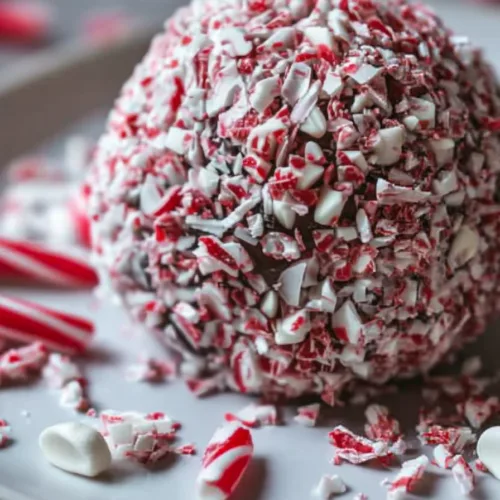 Cheesecake ball rolled in peppermint candy, presented with broken candy sticks nearby.