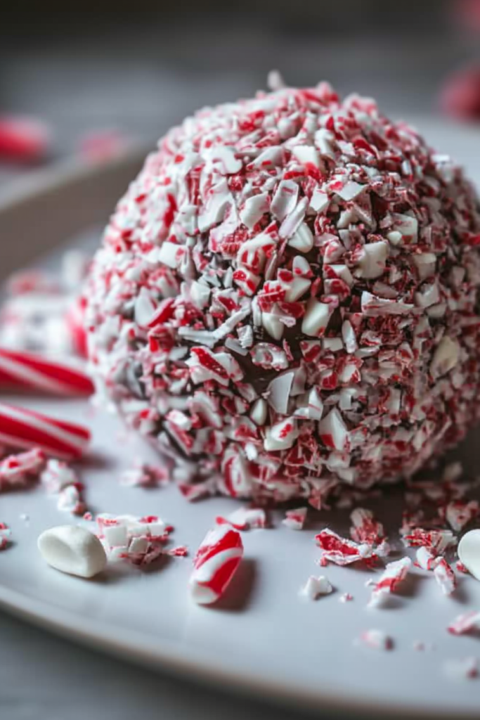 Cheesecake ball rolled in peppermint candy, presented with broken candy sticks nearby.