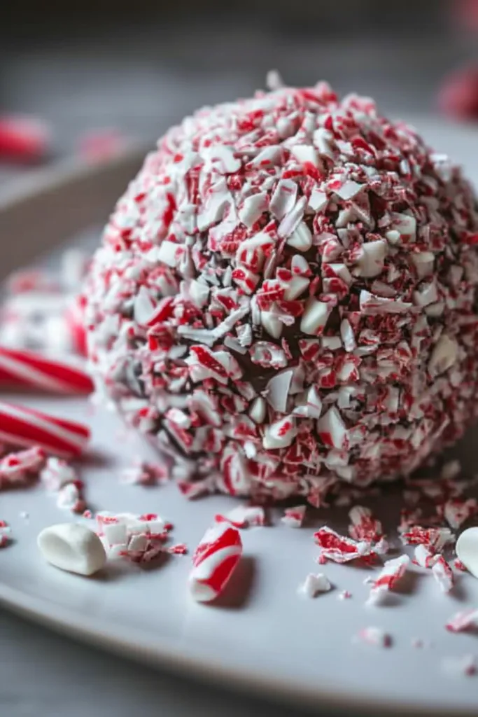 Cheesecake ball rolled in peppermint candy, presented with broken candy sticks nearby.