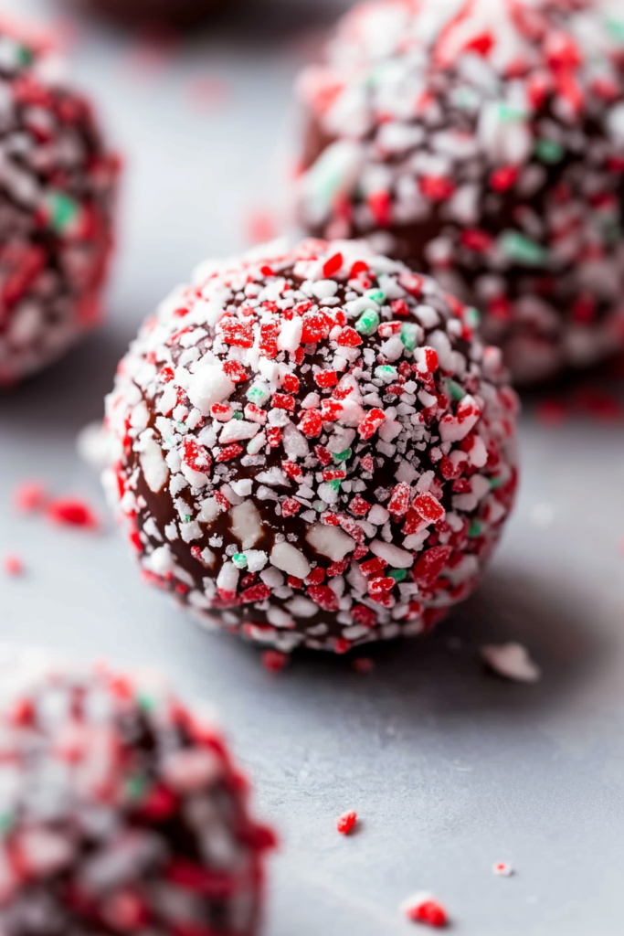 Festive chocolate ball coated in crushed peppermint pieces, highlighting its textured surface.