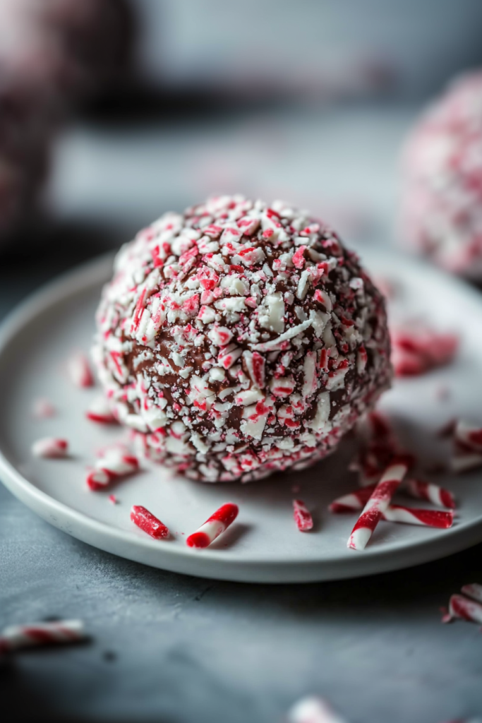 Glossy chocolate center hidden beneath a crunchy peppermint coating.