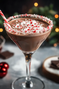 Creamy chocolate holiday drink topped with whipped cream and chocolate shavings in a festive glass with a striped straw.