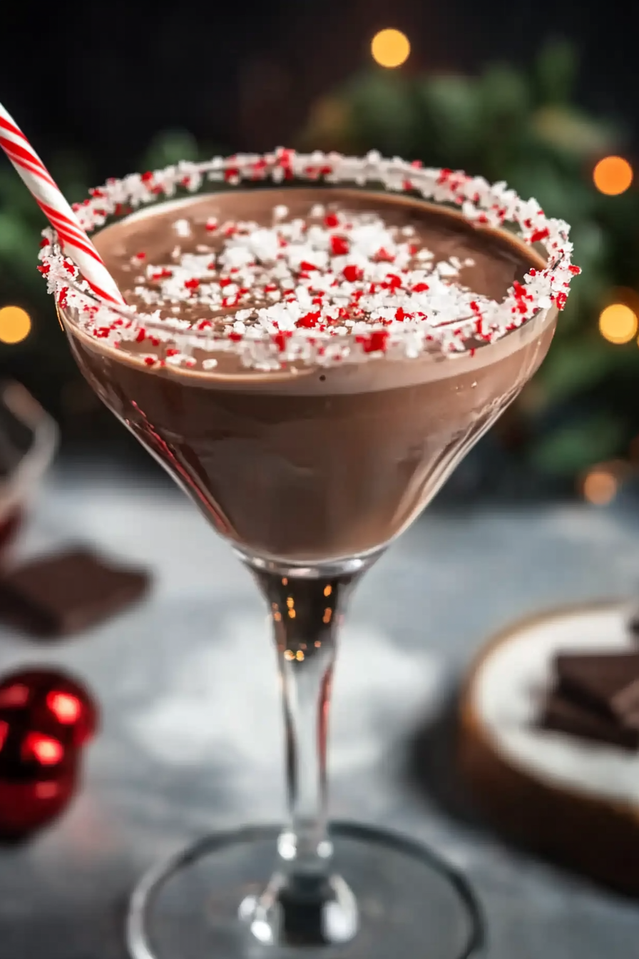 Creamy chocolate holiday drink topped with whipped cream and chocolate shavings in a festive glass with a striped straw.