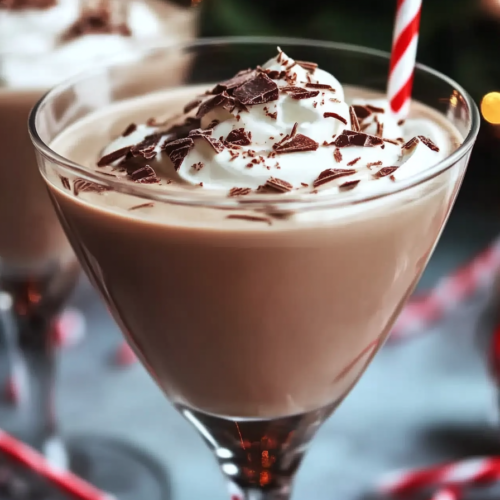 Rich chocolate mocktail garnished with whipped cream and chocolate flakes, served in a martini glass.