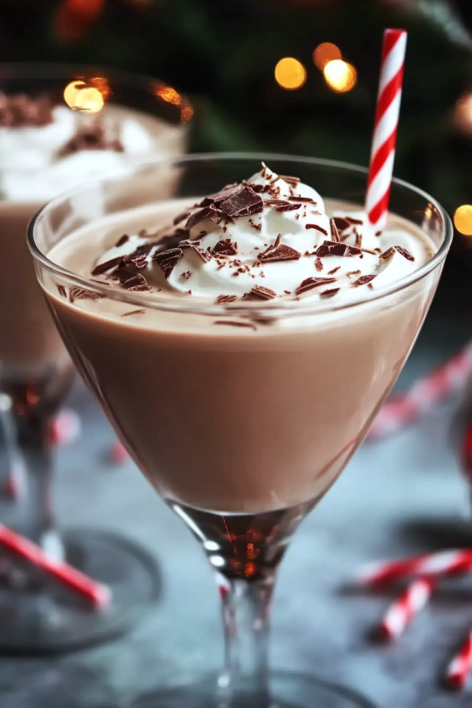 Rich chocolate mocktail garnished with whipped cream and chocolate flakes, served in a martini glass.