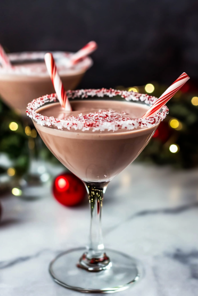 Festive chocolate beverage with whipped cream topping and peppermint straw, perfect for holiday celebrations.