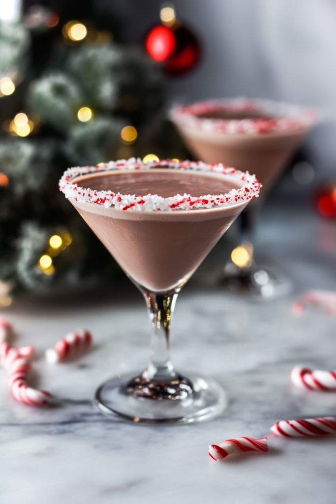 Smooth chocolate drink with fluffy whipped cream and shaved chocolate, styled with Christmas lights in the background.