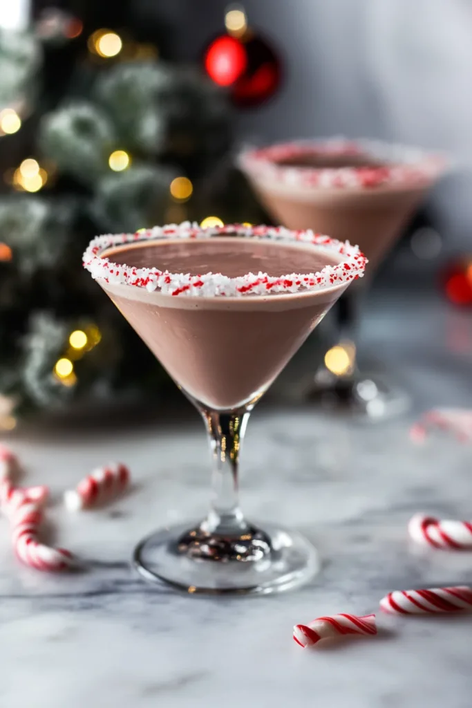 Smooth chocolate drink with fluffy whipped cream and shaved chocolate, styled with Christmas lights in the background.