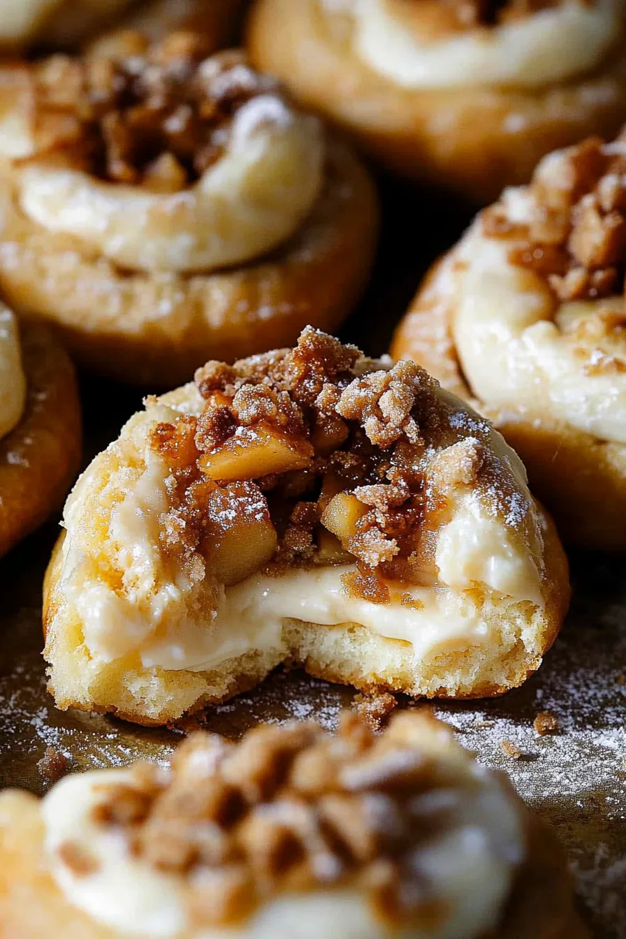 Batch of baked buns topped with cinnamon crumble and chopped nuts, lightly dusted with sugar.