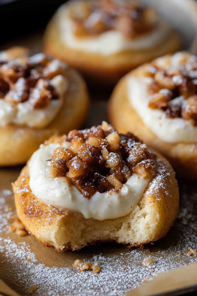 Warm, rustic buns filled with cheesecake and spiced apples, finished with a sweet crumble.