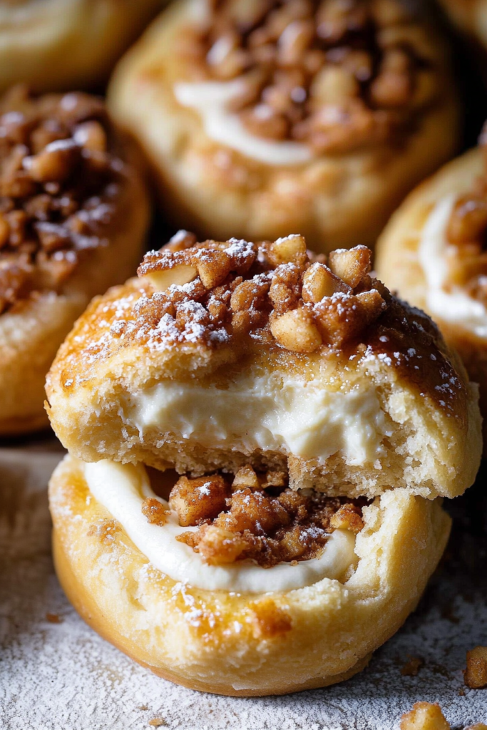 Close-up of golden pastry showing apple pieces, crumb topping, and dusting of powdered sugar