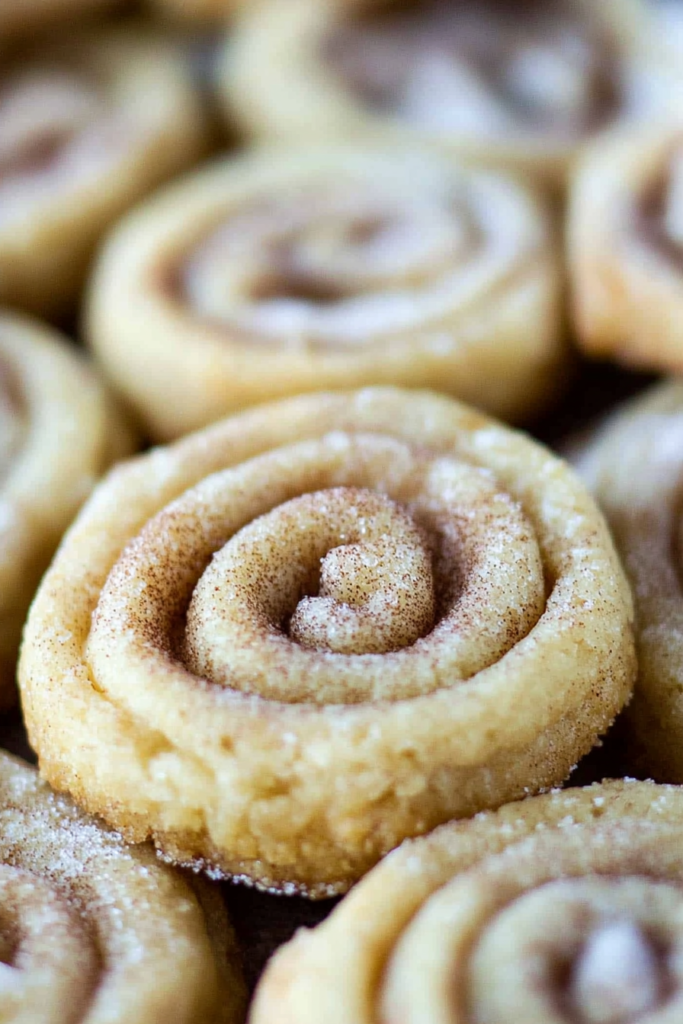 Close-up of crispy cinnamon sugar pie crust cookies baked until lightly golden.