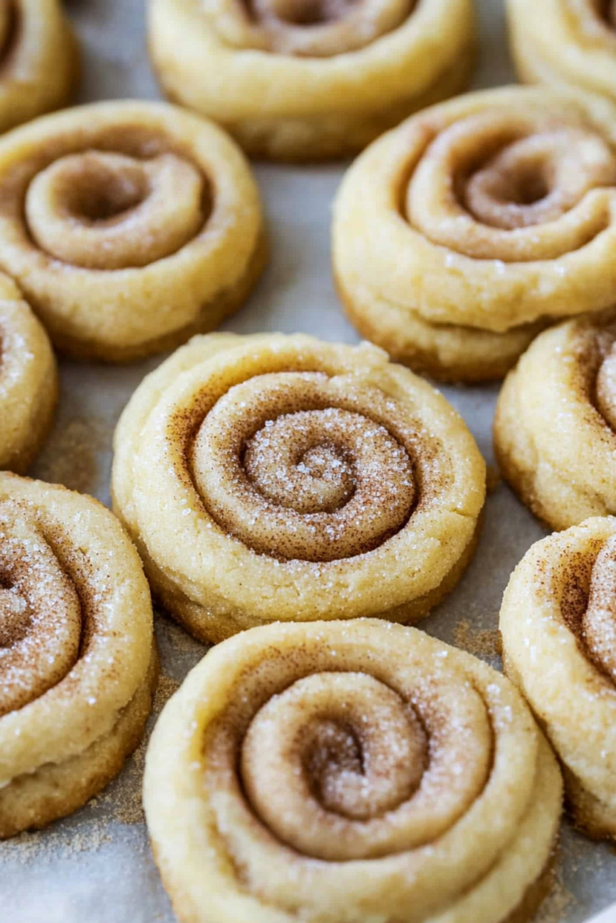 Golden spiral cookies made from pie crust and coated in cinnamon sugar.