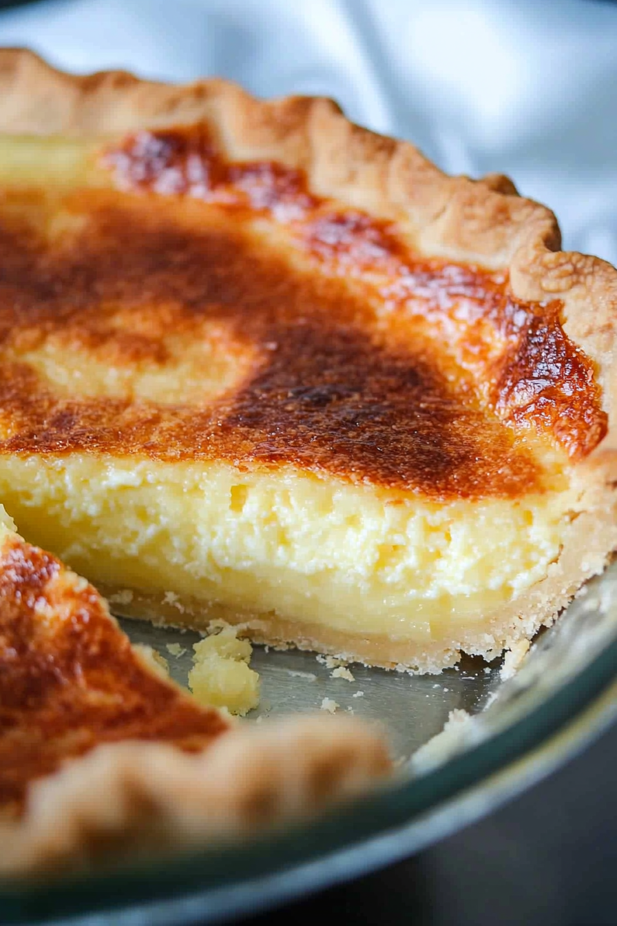 Buttermilk pie portion plated elegantly, with a golden surface and inviting texture.