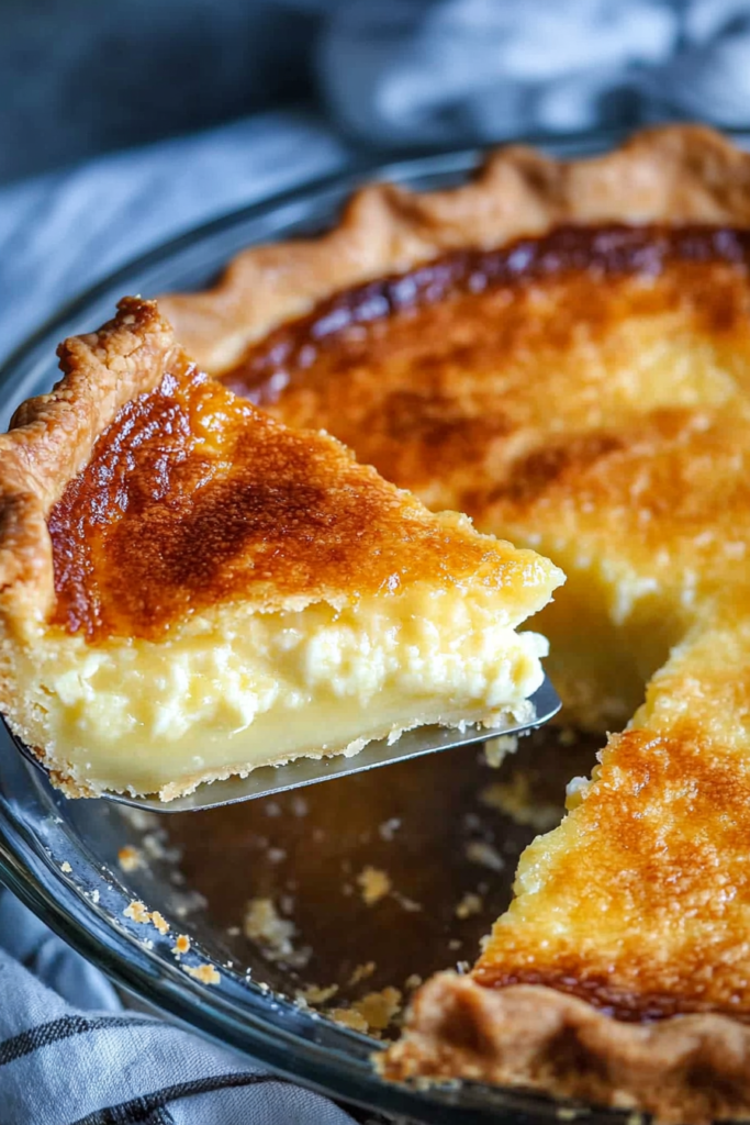 Freshly baked pie slice highlighting the contrast between flaky crust and tender custard center.