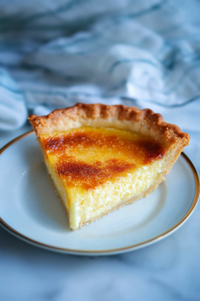 Slice of buttermilk pie on a white plate, showing its smooth custard filling and golden crust.
